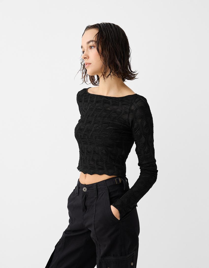 Long sleeve textured Bardot T-shirt-Black-1