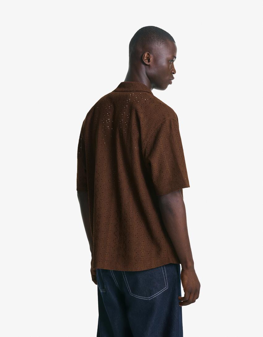 Embroidered short sleeve shirt-Brown