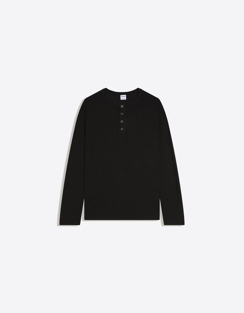 Textured long sleeve T-shirt-Black
