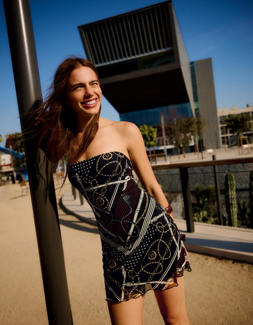 Tulle bandeau mini dress-Black