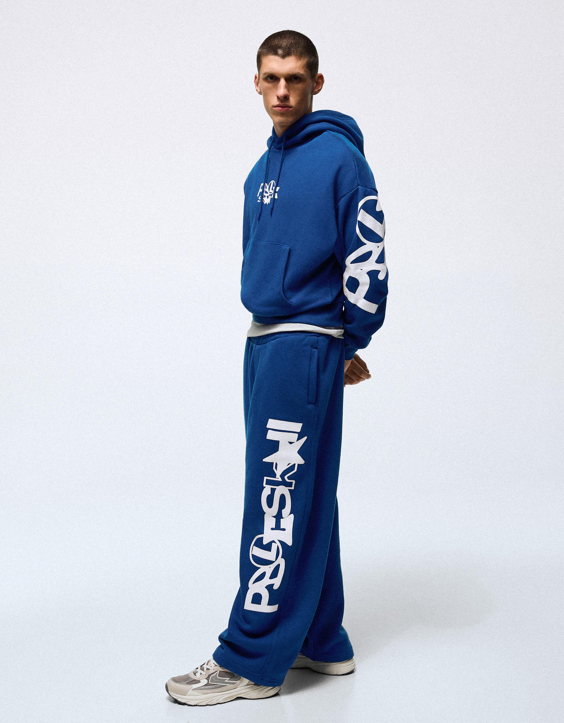 Bershka Sudadera Capucha Print Hombre L Azul