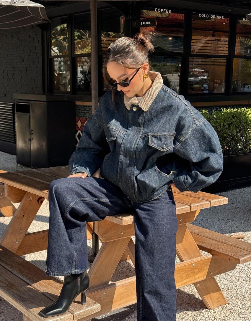 Джинсовая куртка оверсайз с контрастным воротником-Морской