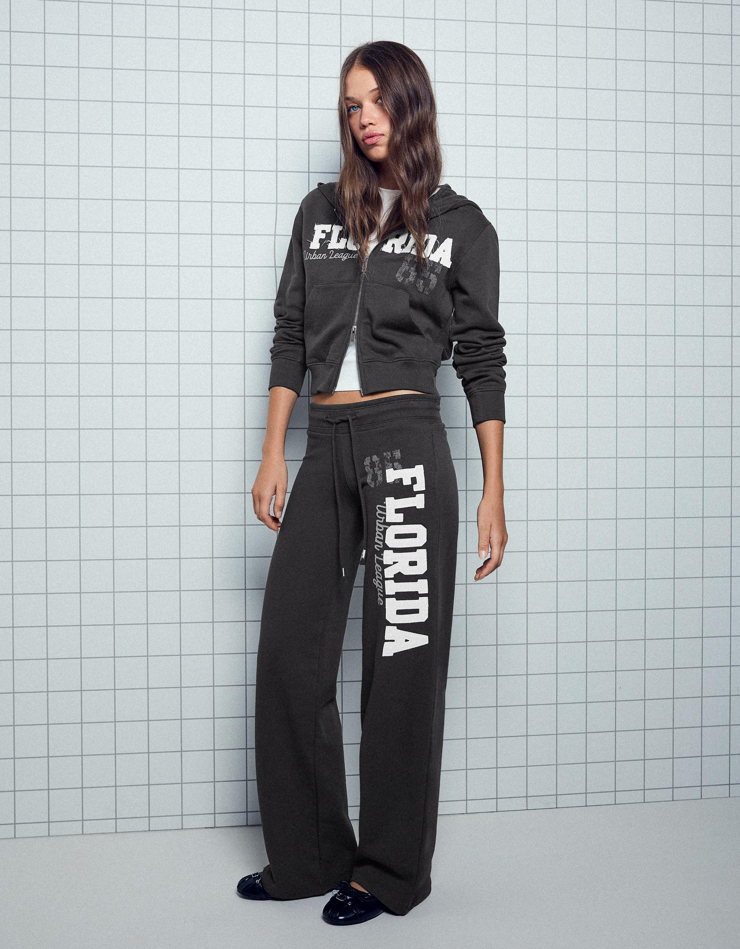 Bershka Pantalón Straight Felpa Print Mujer L Gris