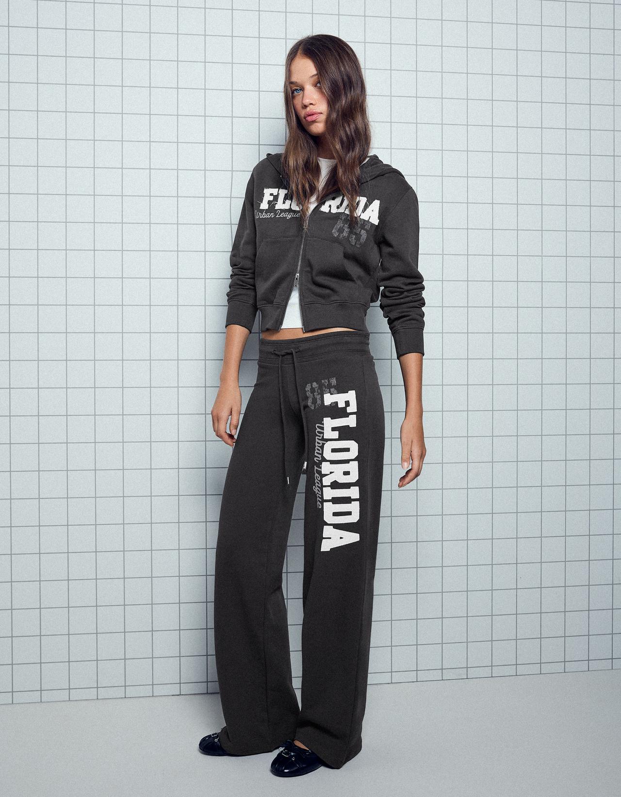 Printed fleece straight trousers — Grey