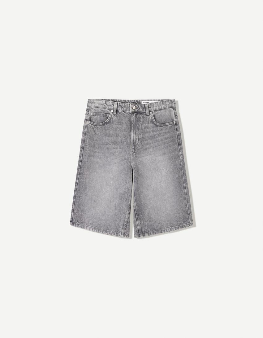 Calções bermuda denim baggy-Cinza