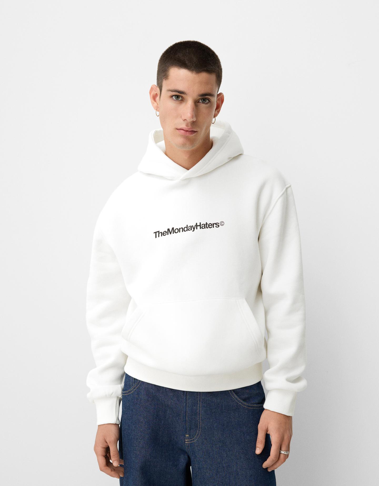 Bershka Felpa Con Cappuccio Oversize Stampata Uomo L Bianco