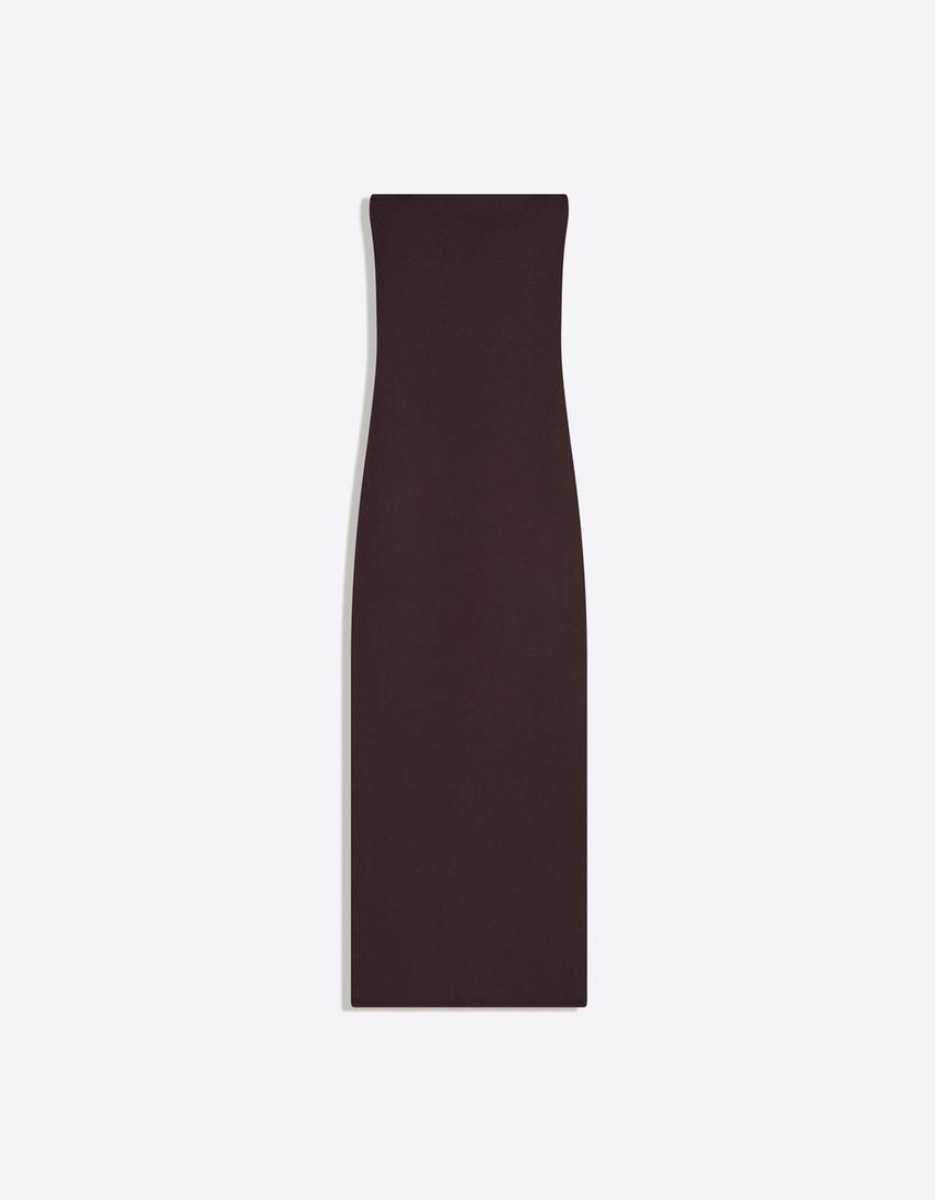Bandeau triko midi elbise-Kahverengi