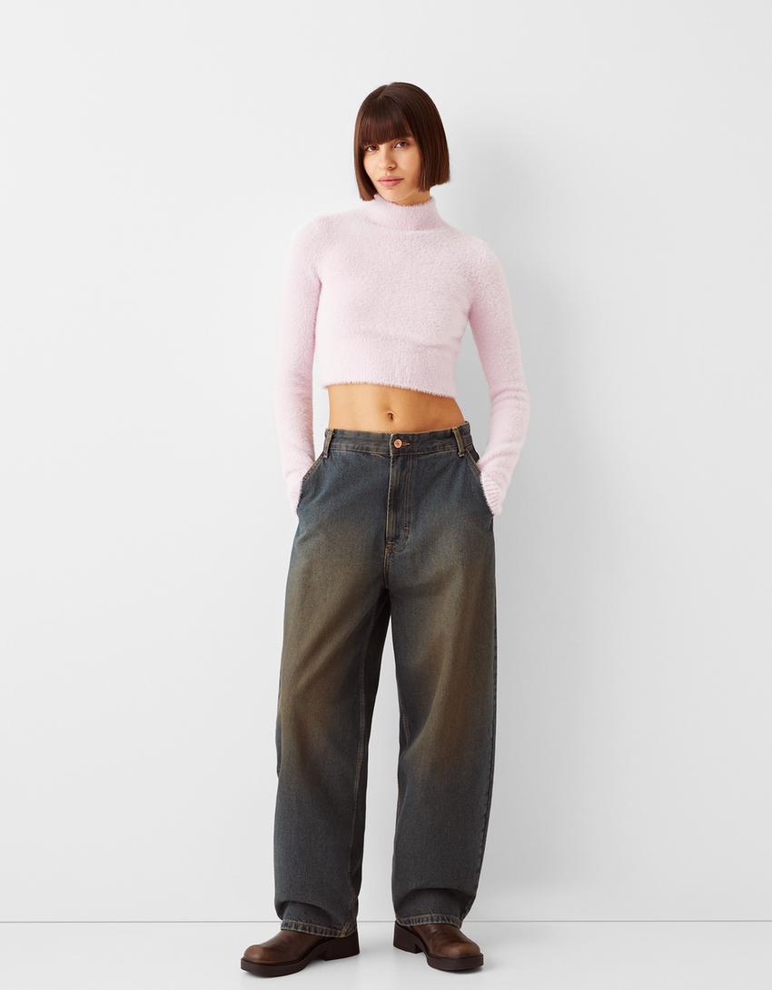 High neck fuzzy sweater-Pink-3