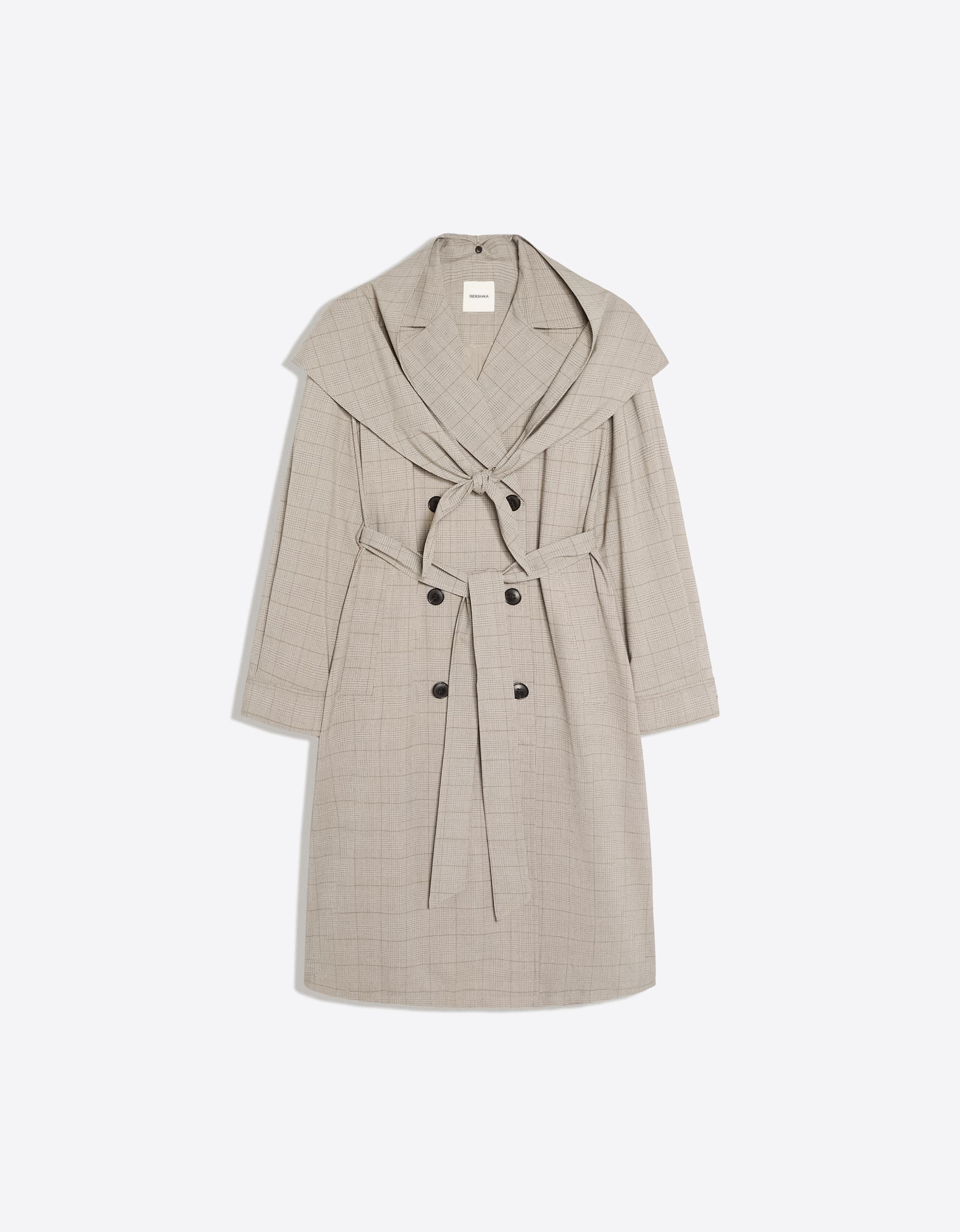 Long check scarf trench coat — Dark grey