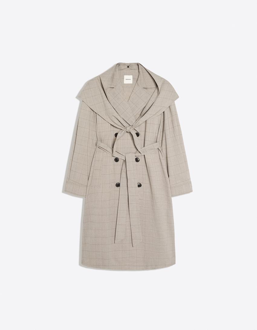 Long check scarf trench coat-Dark grey