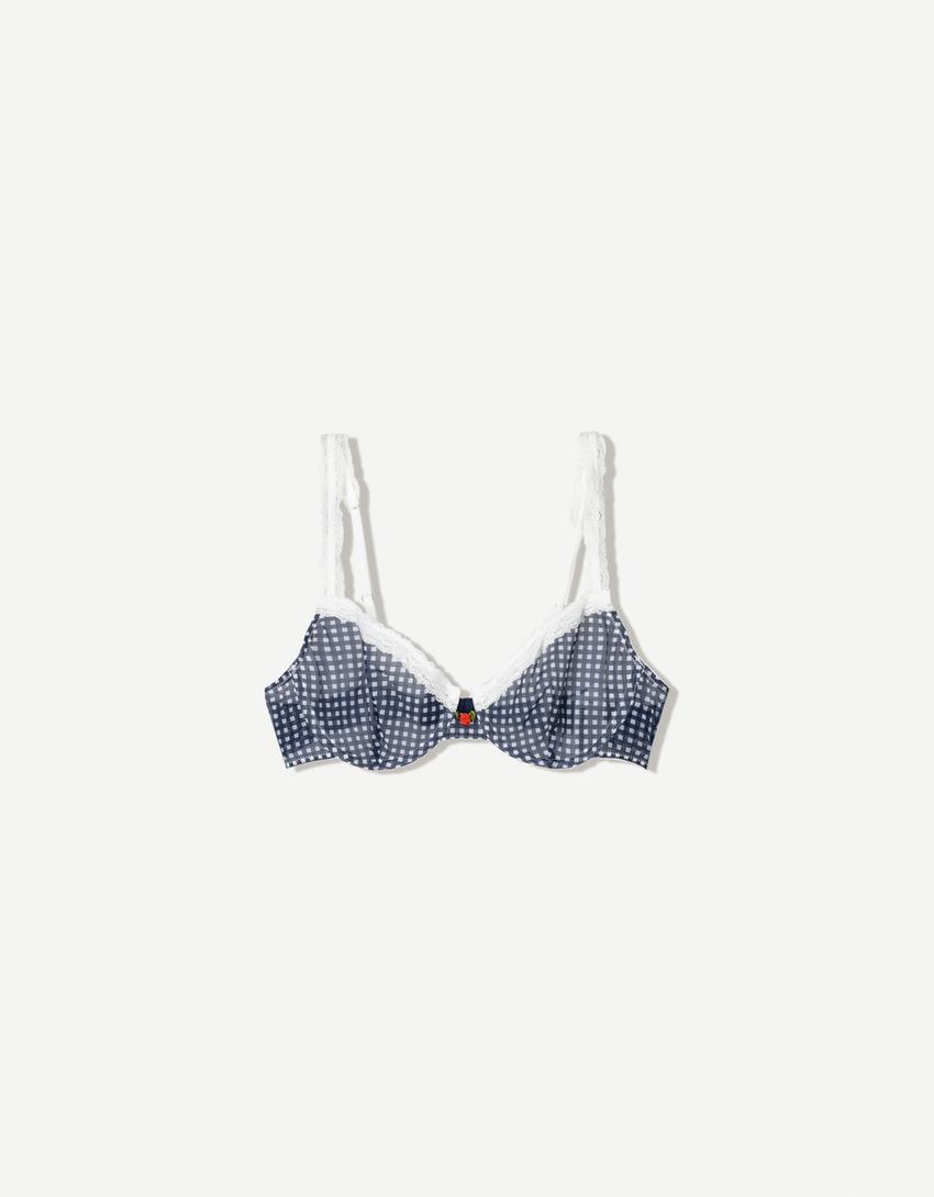 Blonde lace gingham bra-Navy