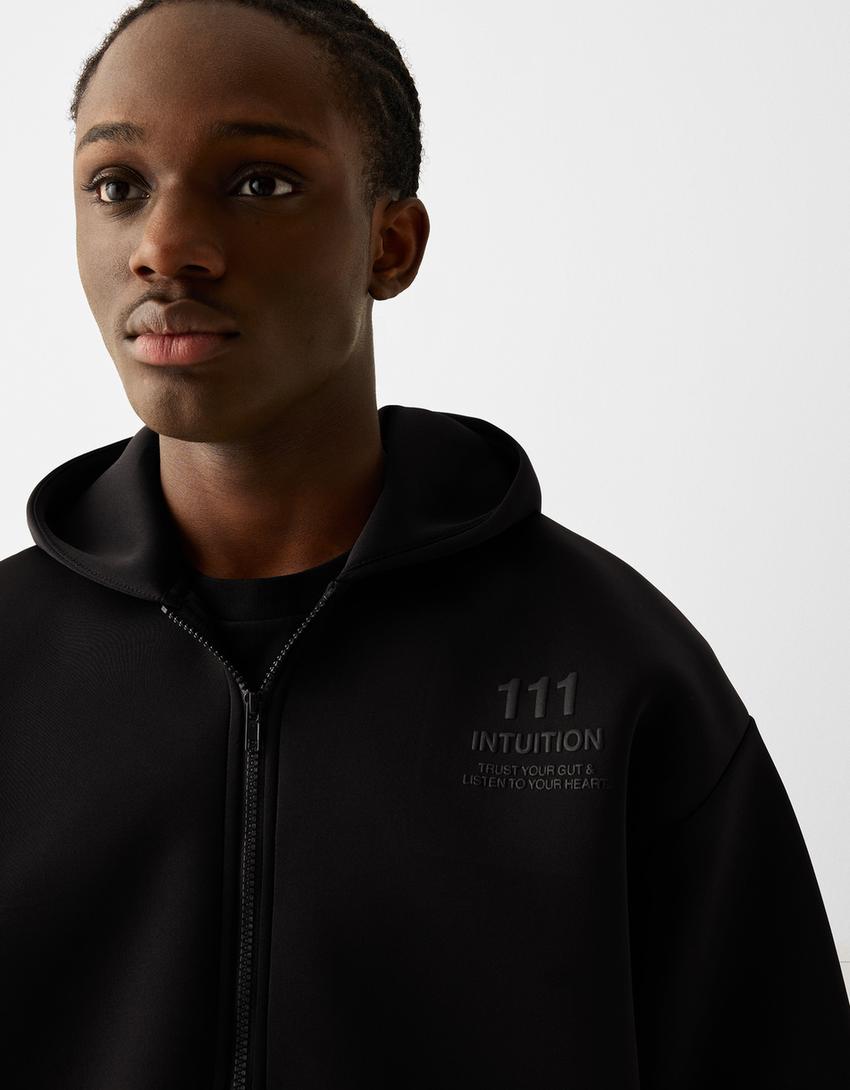 Zip-up slogan hoodie-Black-2