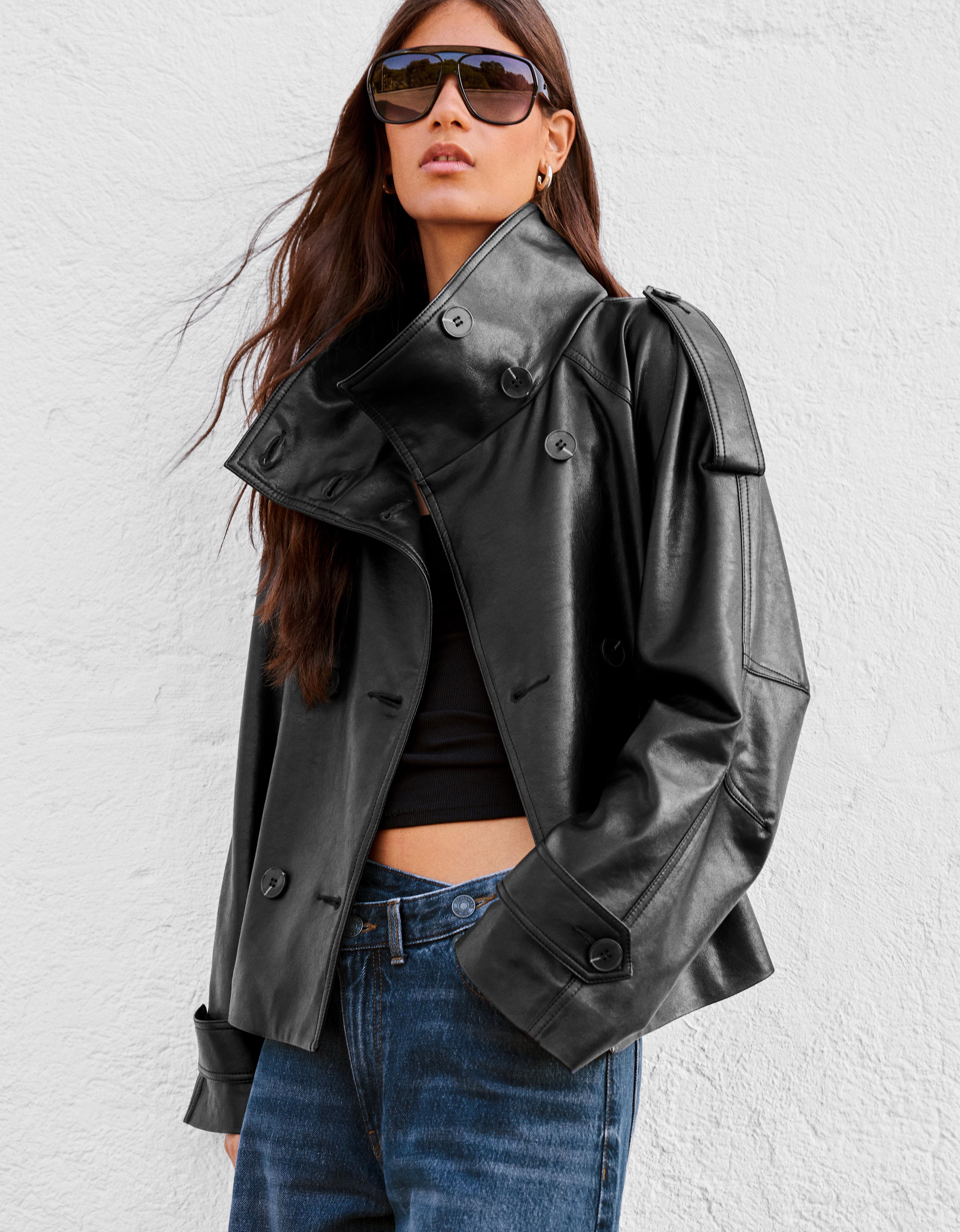 Short leather effect trench jacket — Black
