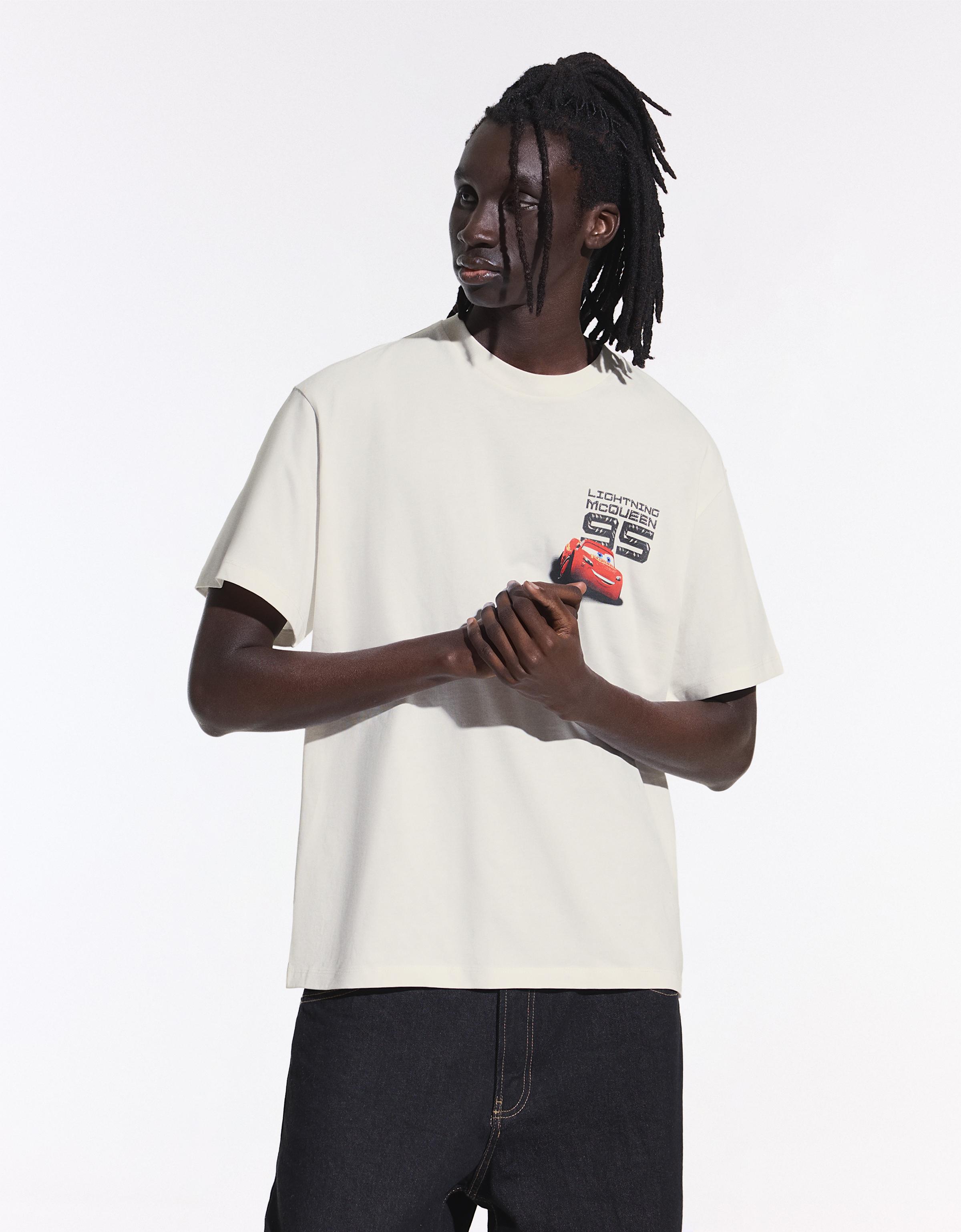 Bershka Camiseta Cars Manga Corta Hombre Blanco