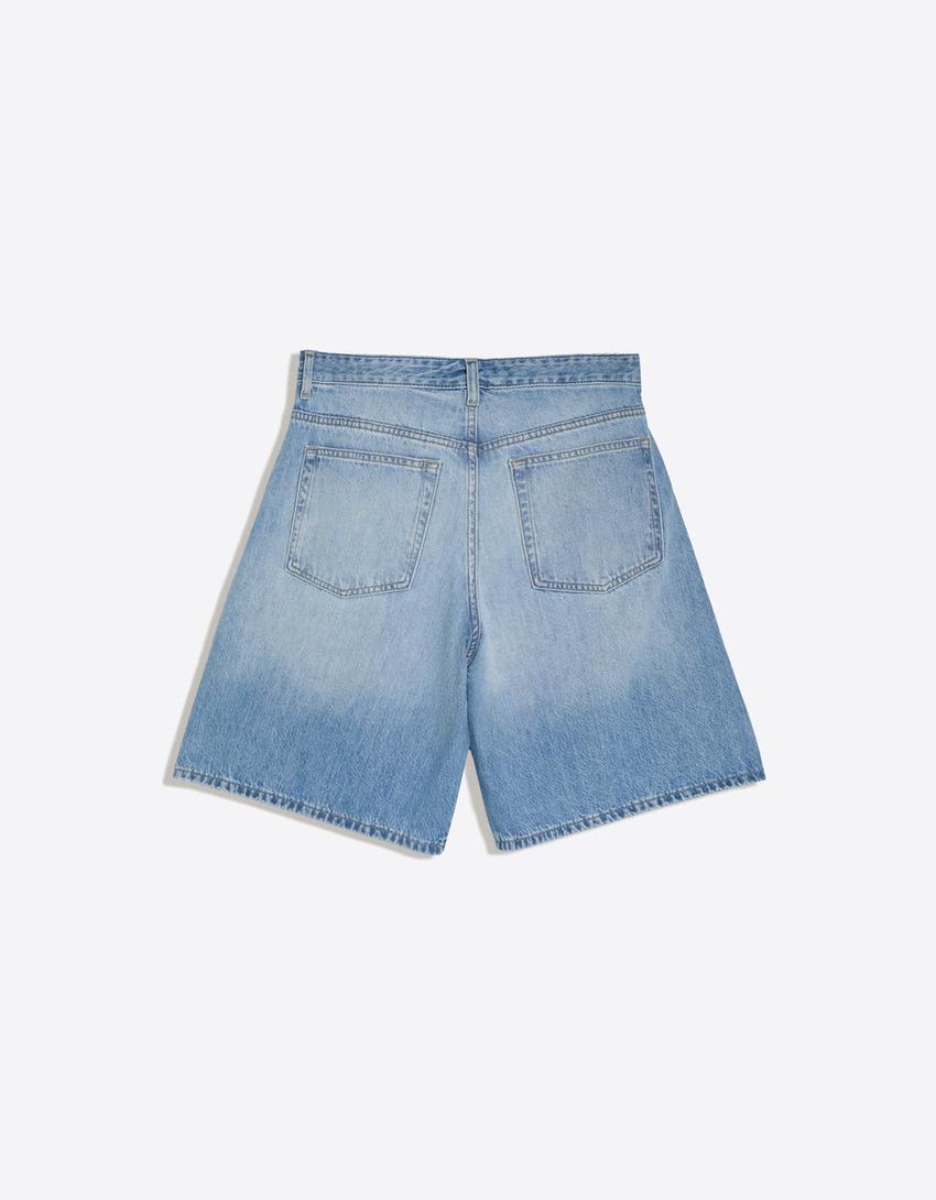 Çapraz belli denim bermuda-Açık mavi