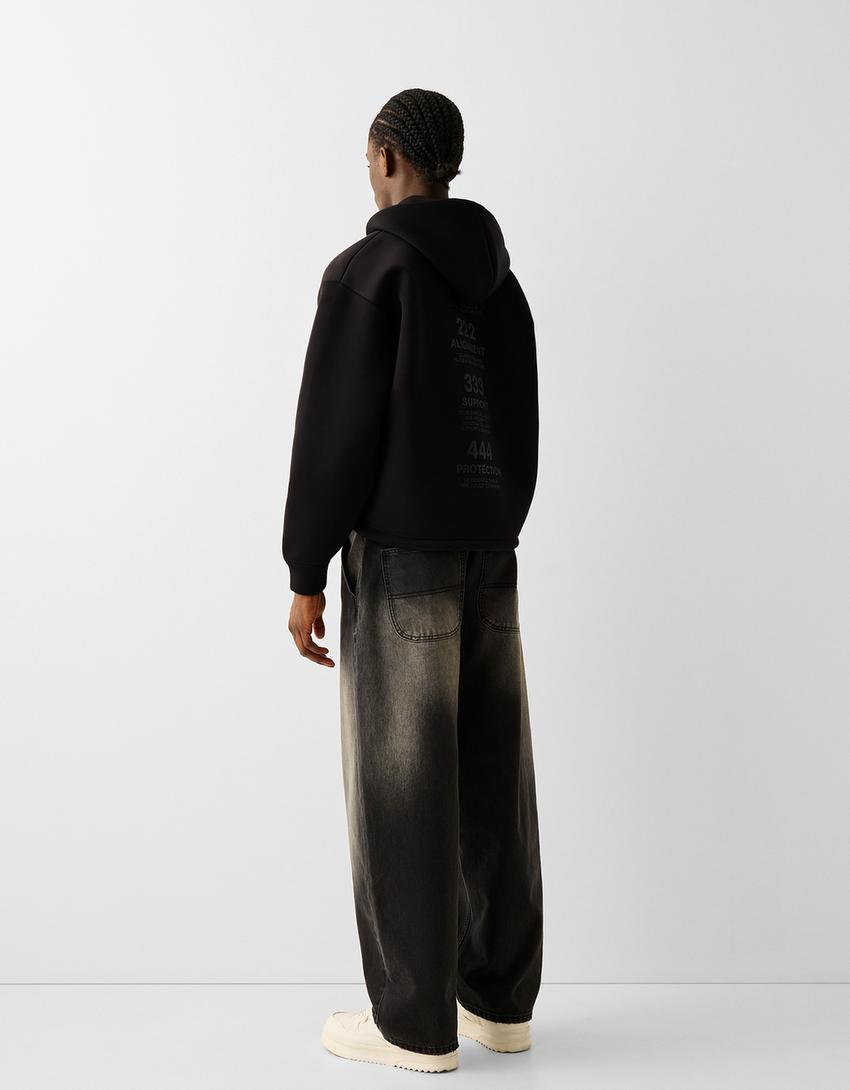 Zip-up slogan hoodie-Black-1