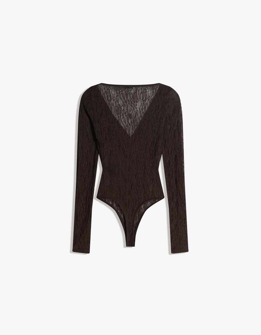 Uzun kollu dantel body-Kahverengi