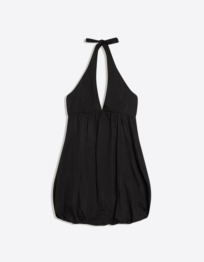 Balon poplin mini elbise-Siyah