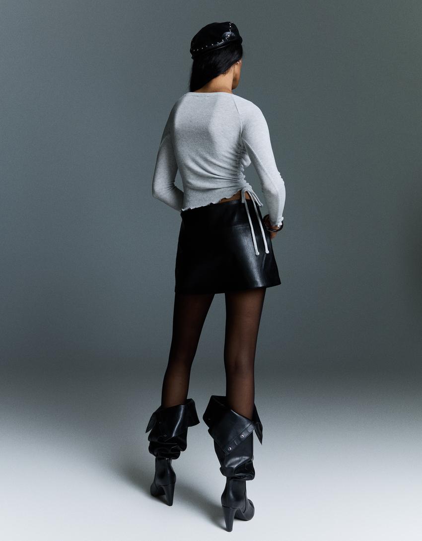 Asymmetric long sleeve ruched T-shirt-Grey