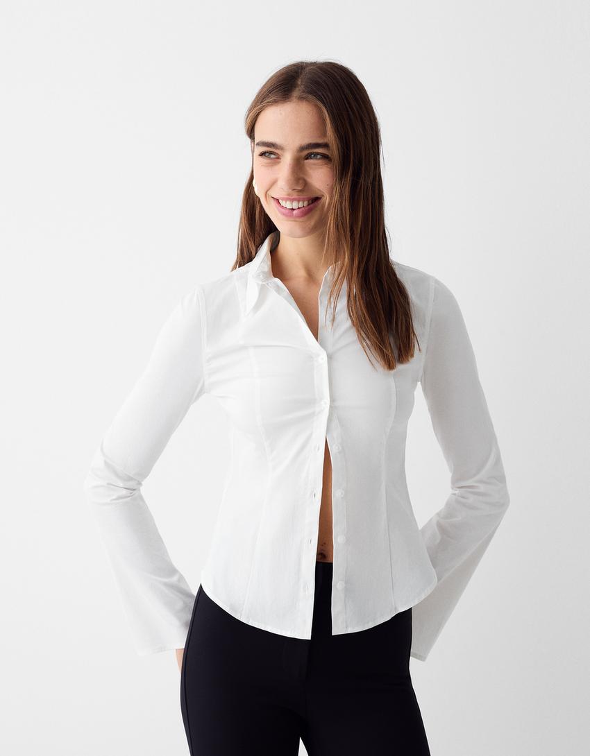 Fitted shirt with flared long sleeves-White