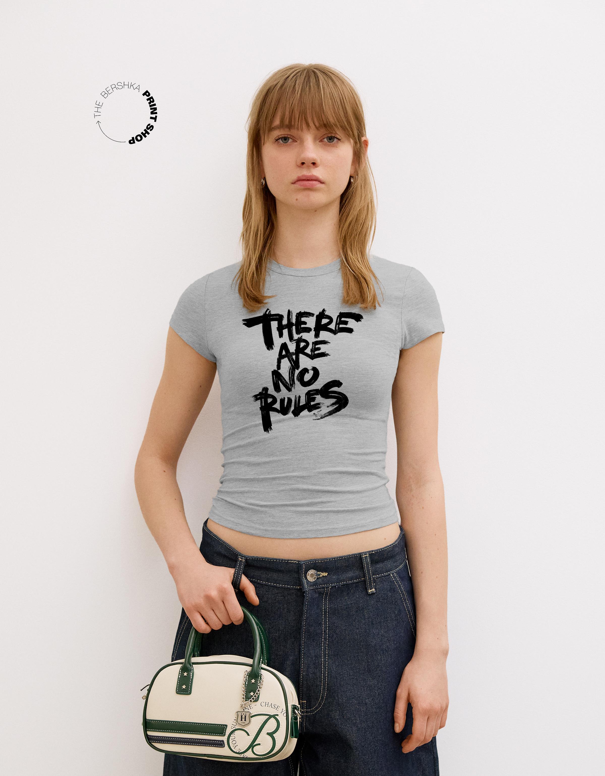 Bershka T-Shirt Mit Print Damen L Grau