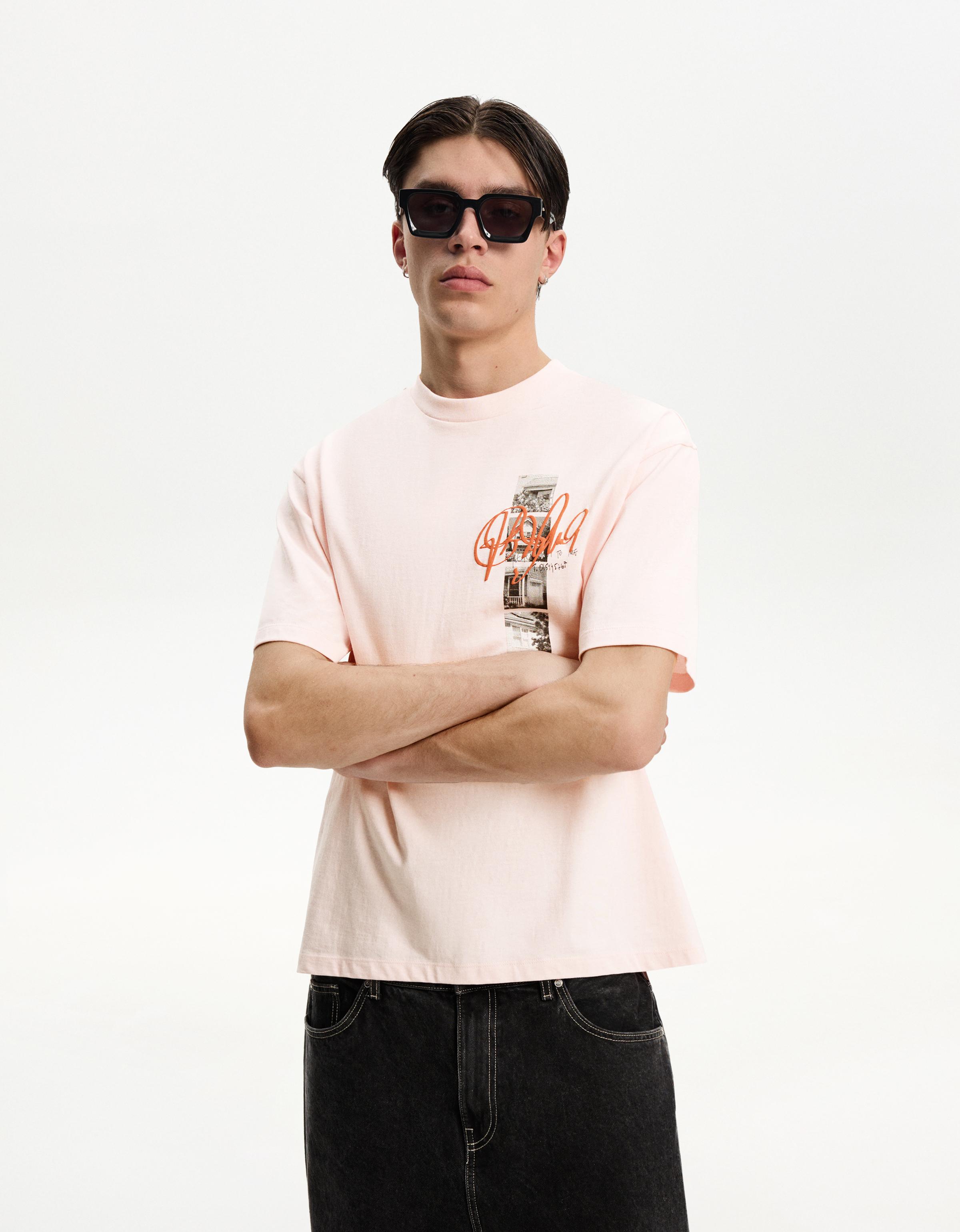 Bershka T-Shirt Mit Print Herren M Rosa