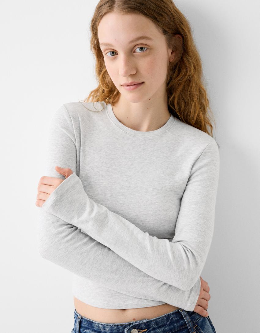 Long sleeve T-shirt with a crew neck-Grey-2