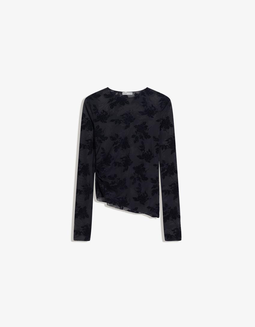 Long sleeve asymmetric tulle T-shirt-Navy