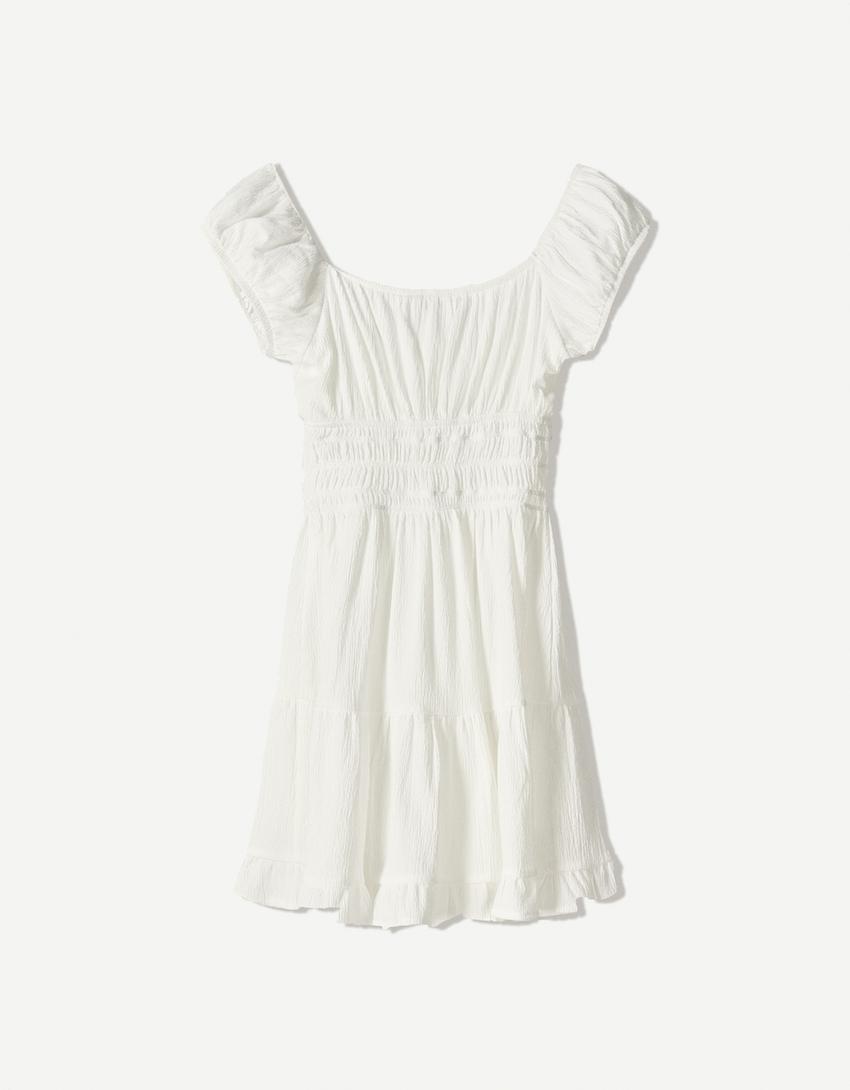 Robe courte à volants-Blanc cassé-4