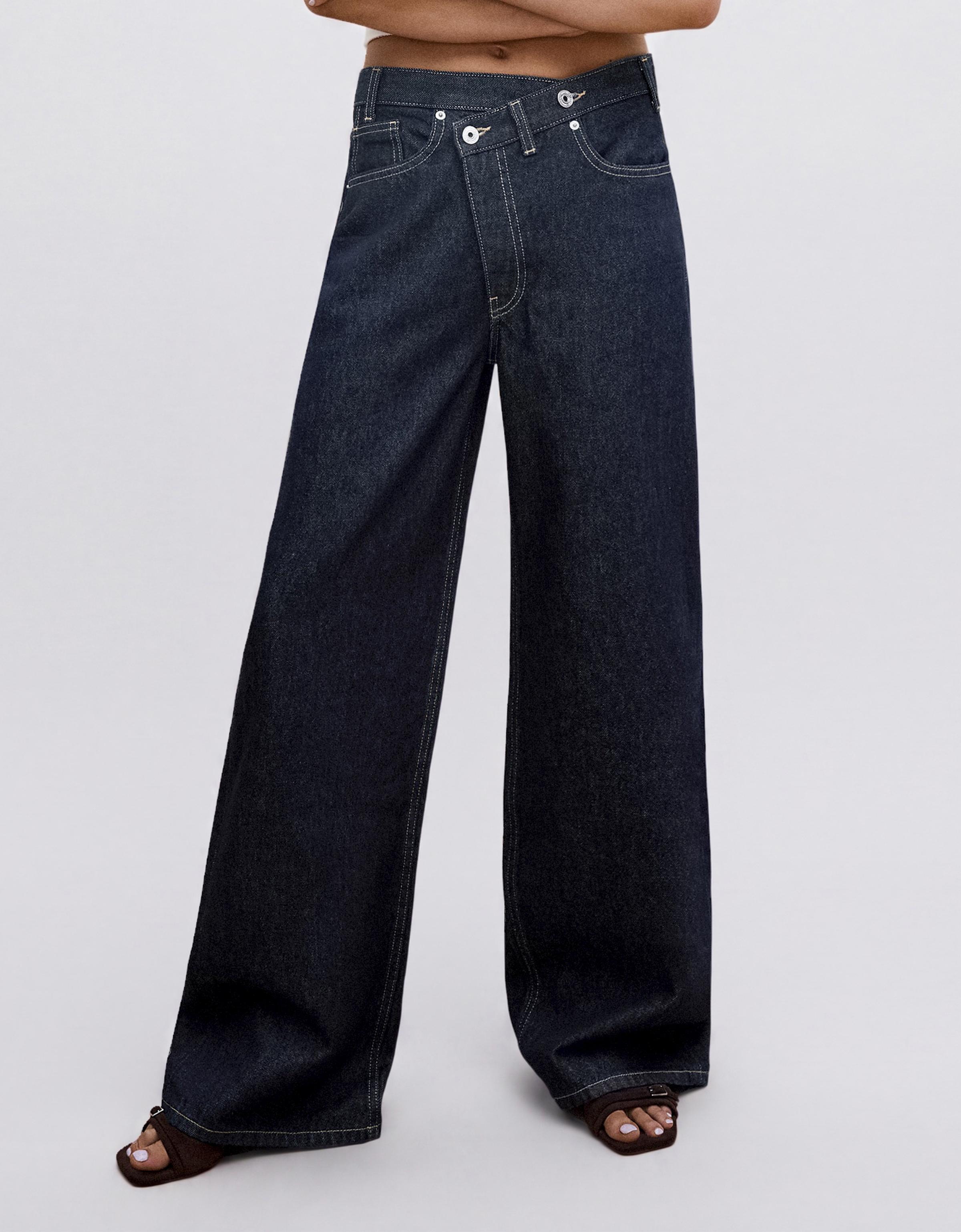 Wide-leg cross-waist jeans — Navy