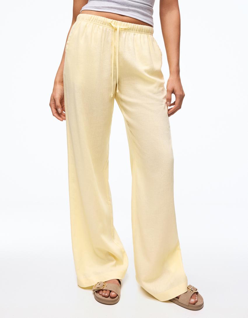 Keten görünümlü beli lastikli pantolon-Sarı