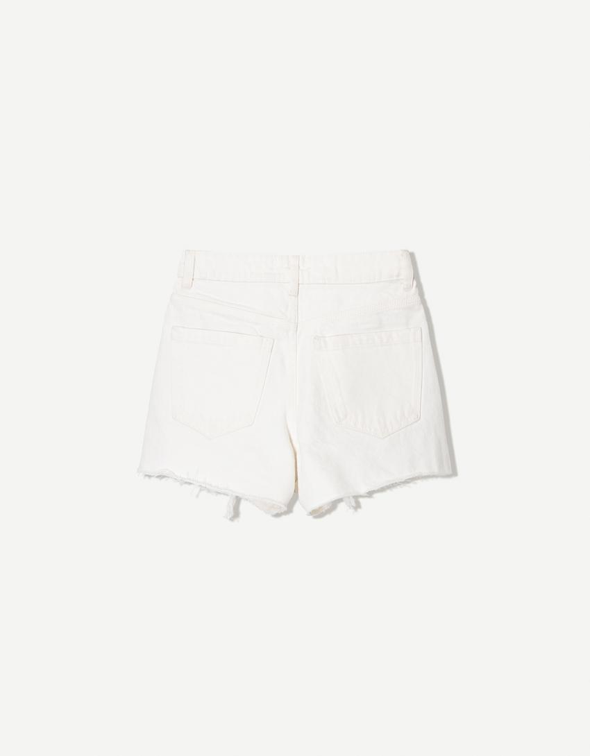 Shorts in denim strappati-Bianco-4