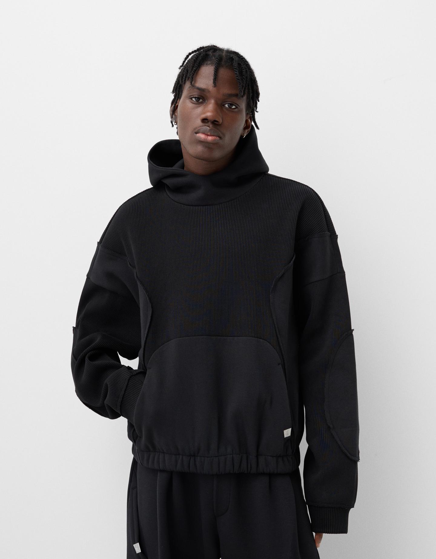 Bershka Sudadera Boxy Con Capucha Rib Hombre L Negro