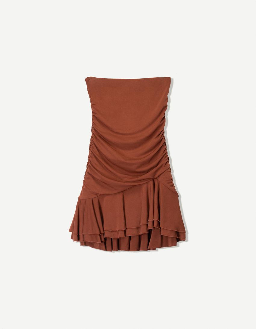 Vestido mini drapeado volantes-Marrón-4
