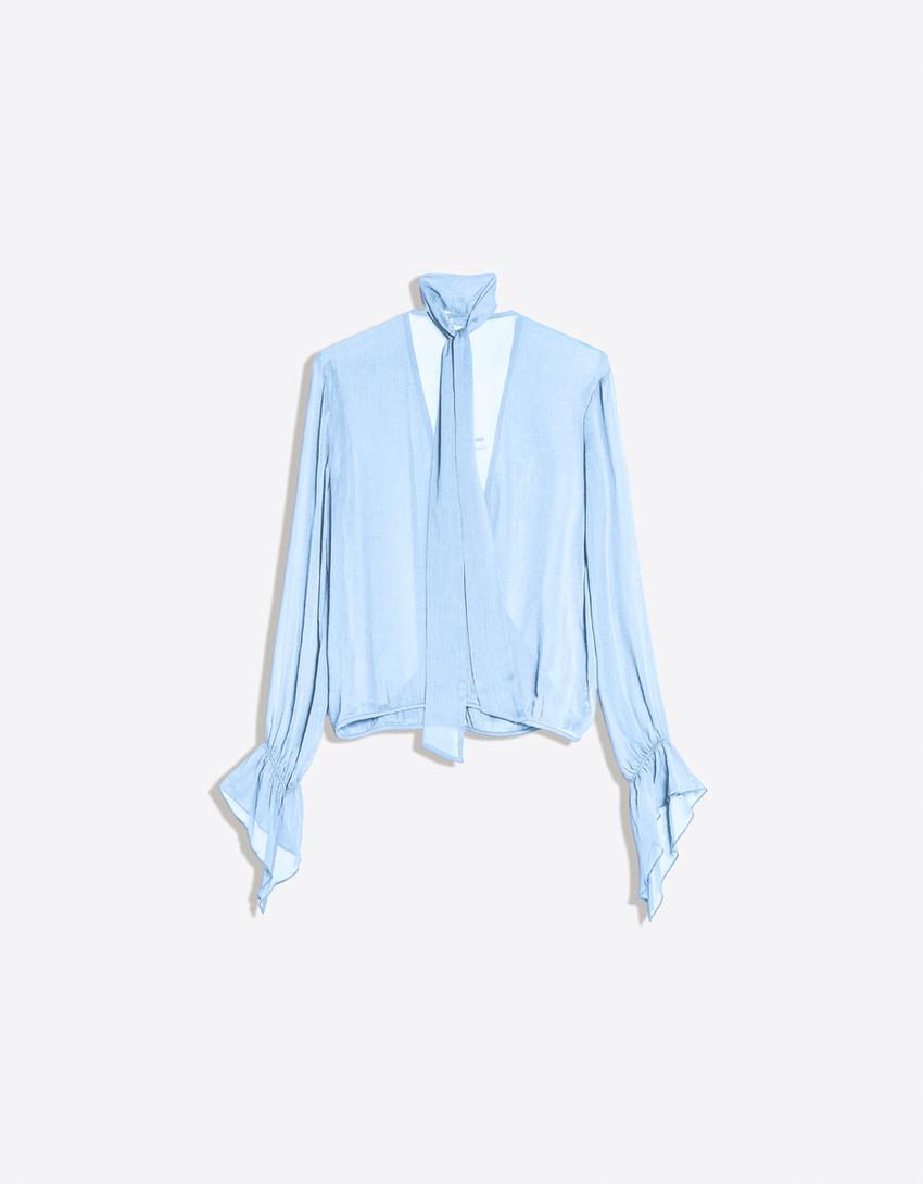 Long sleeve crossover scarf blouse-Light blue