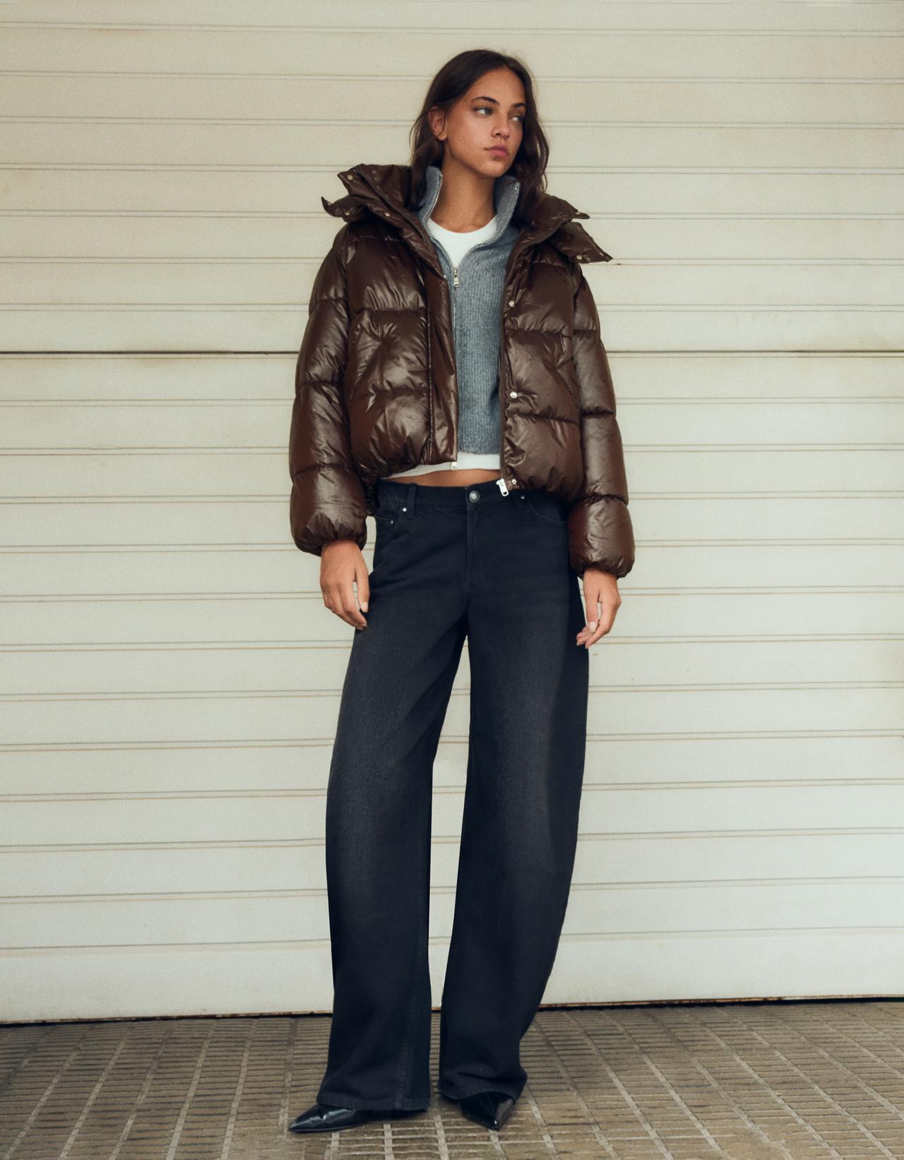 Oversize water repellent hooded quilted jacket — Brown