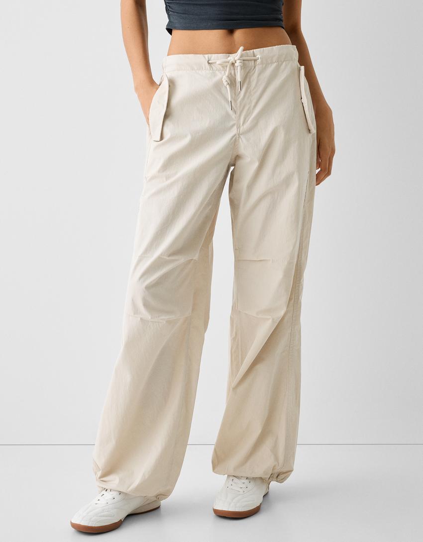 بنطال باراشوت من مزيج نايلون-أبيض مطفي-1