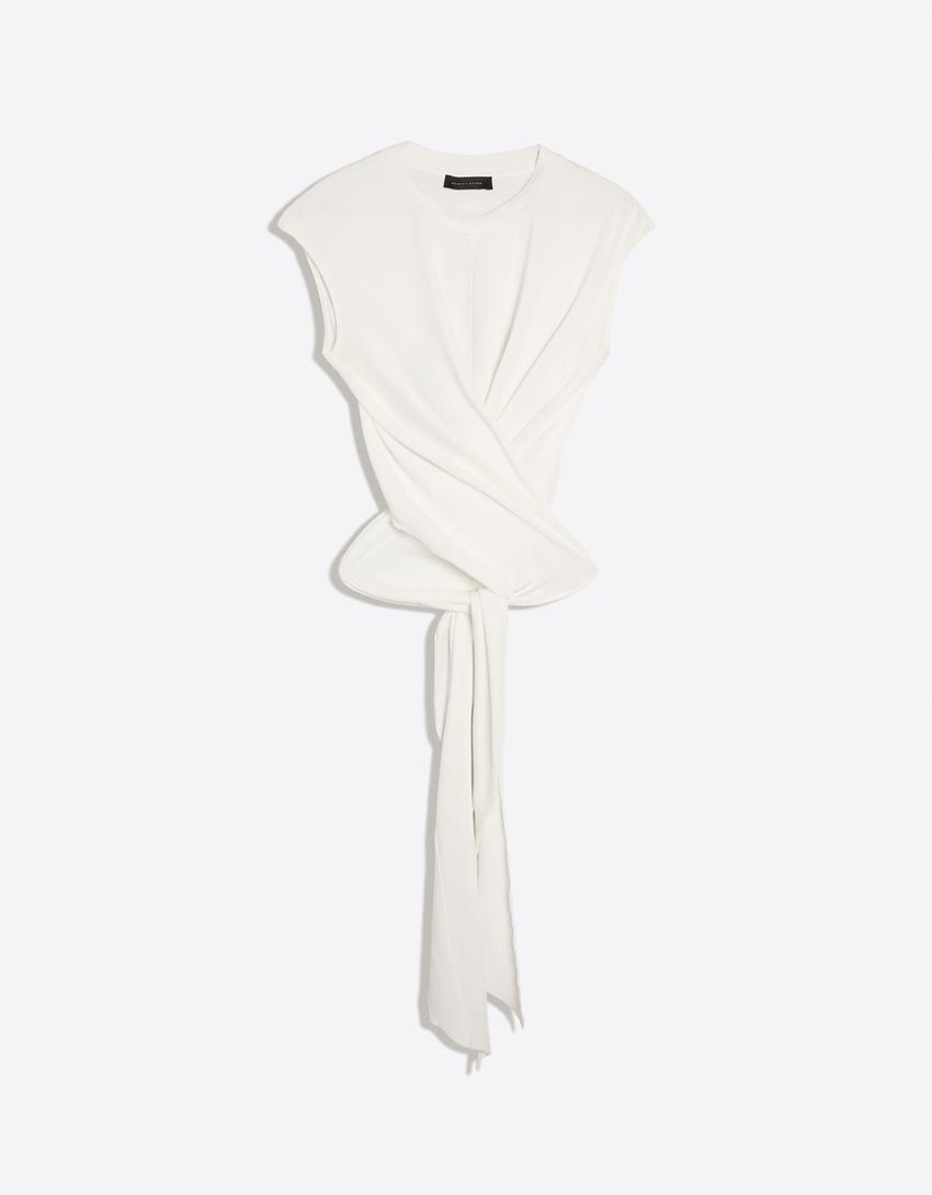 Crew neck top with tie-back detail