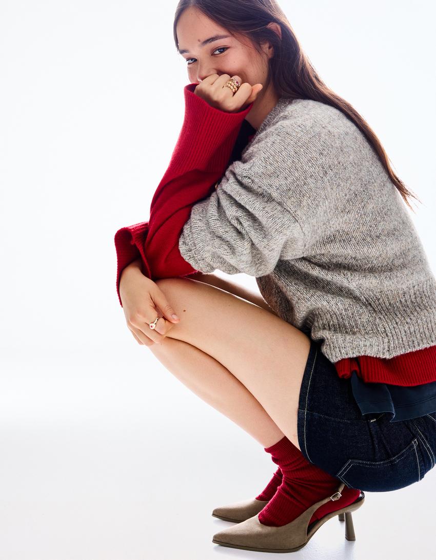 Közepes sarkú slingback cipő-Szürkésbézs