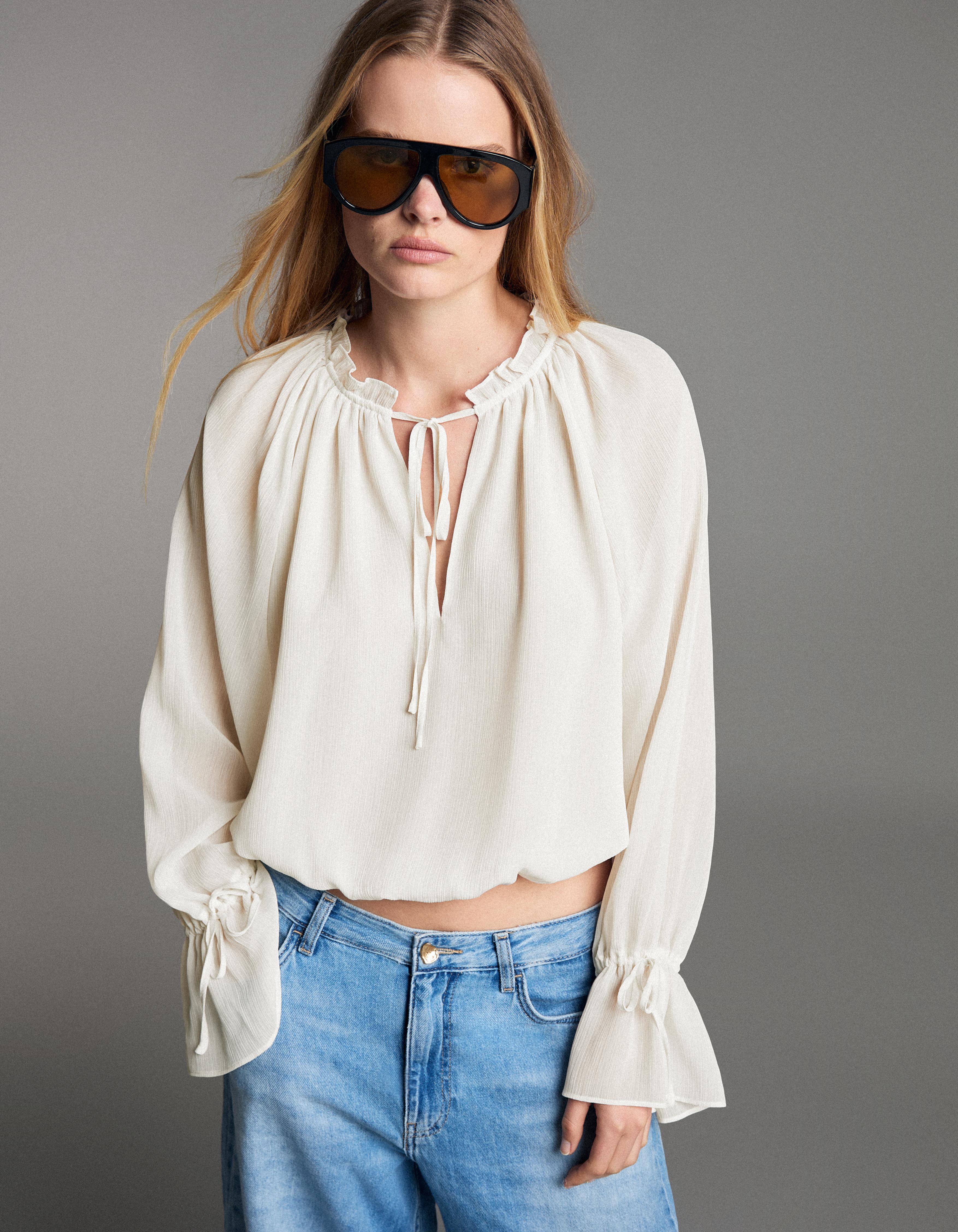 Bershka Camisa Fluida Manga Larga Mujer Crudo