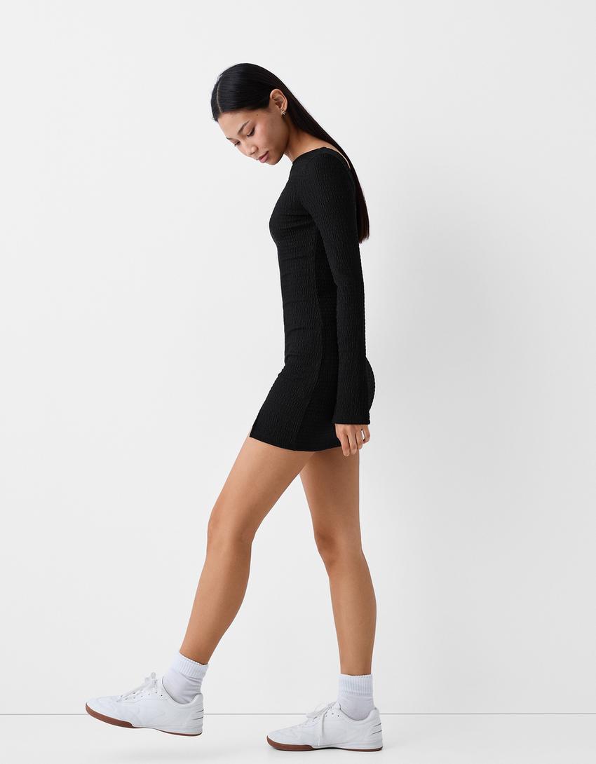 Waffle-knit long sleeve mini dress-Black