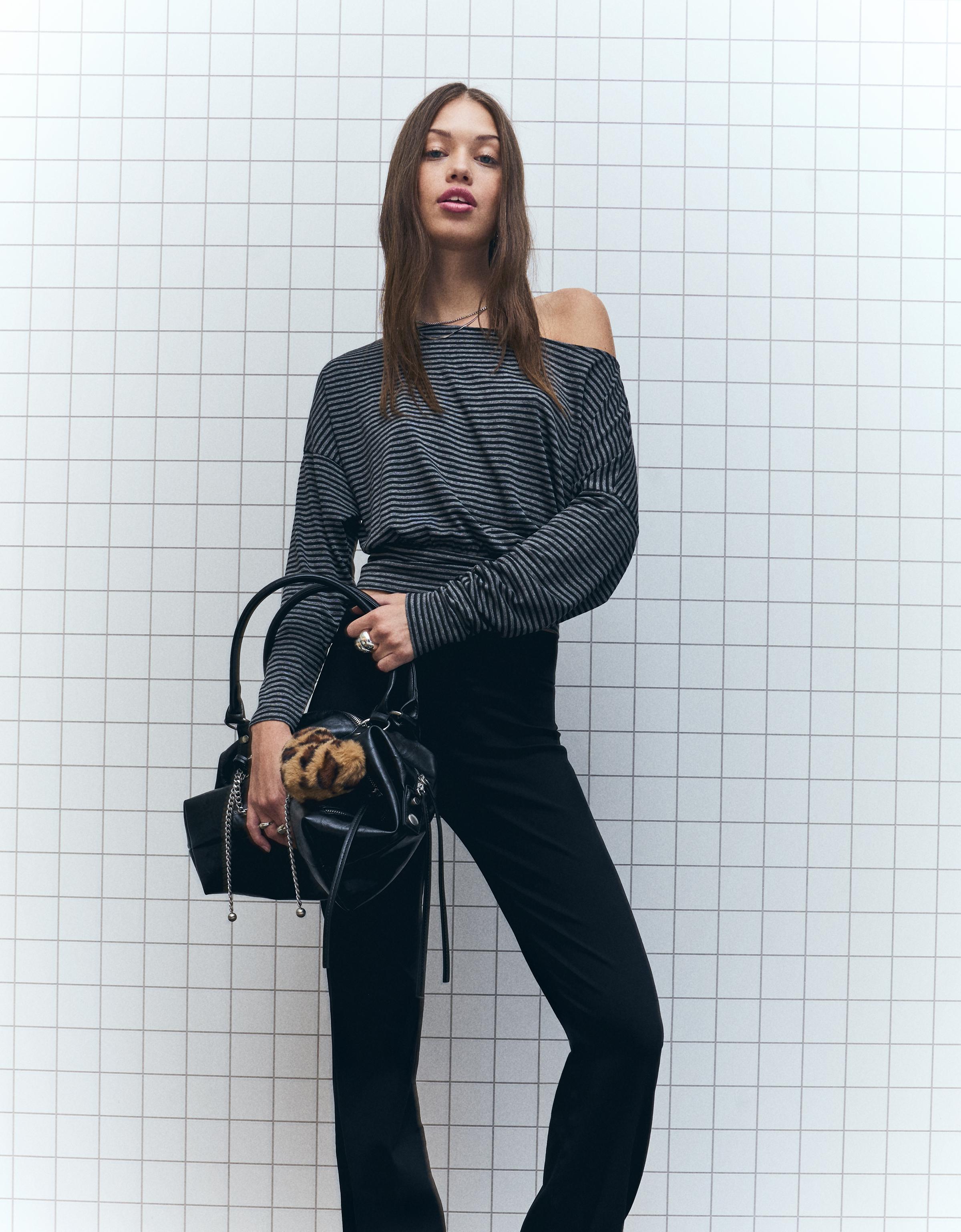 Bershka Langarmshirt Mit Gestreiftem Taillenband Damen S Dunkelgrau