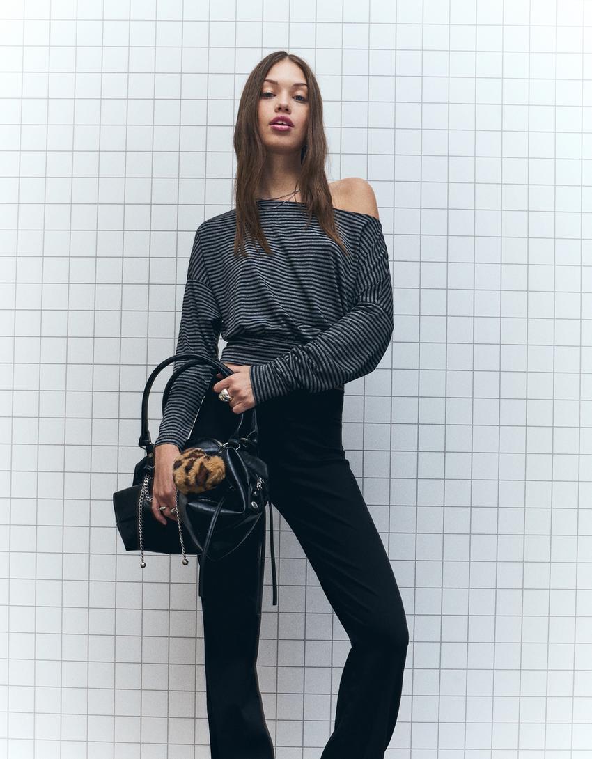 Striped long sleeve T-shirt with sash-Dark grey