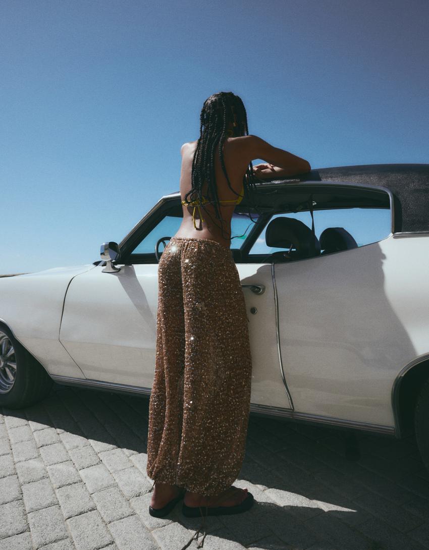 Sequin sarouel trousers-Camel