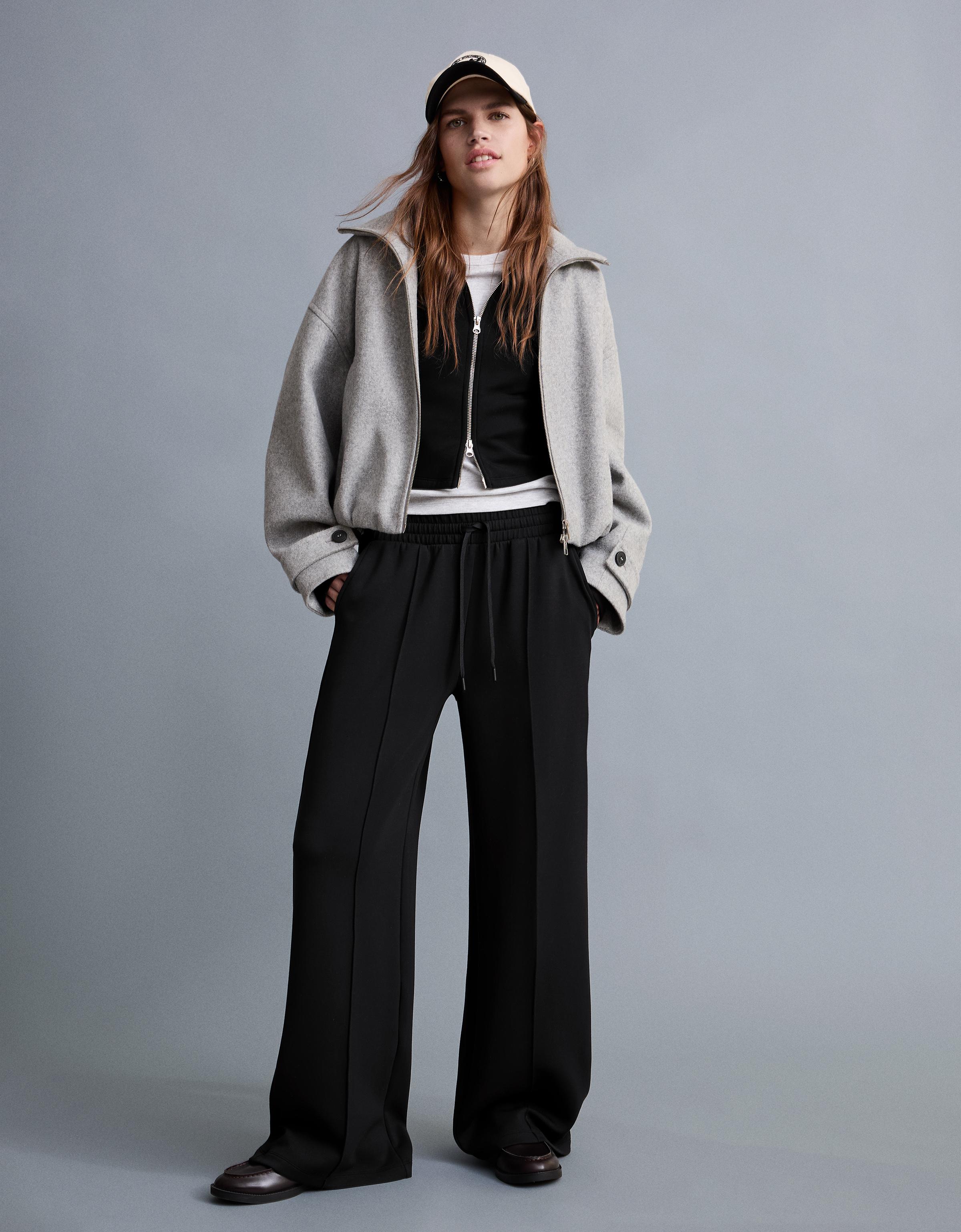 Bershka Pantalón Wide Leg Soft Touch Mujer Negro