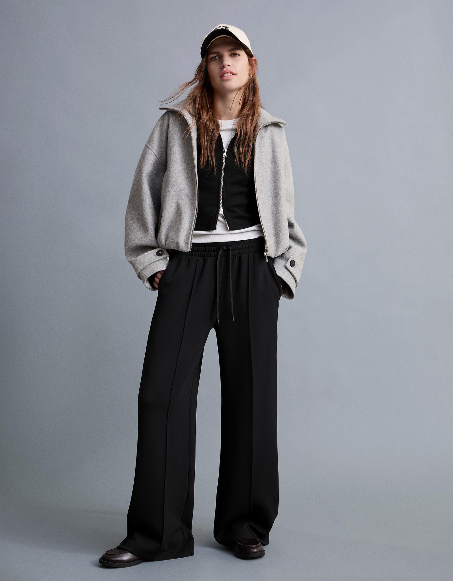 Bershka Pantalón Wide Leg Soft Touch Mujer Negro