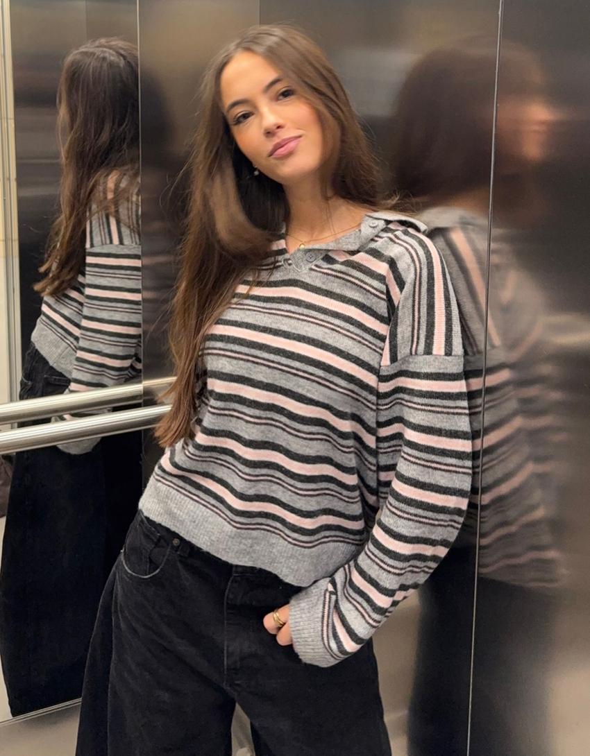 Pullover mit Polo-Kragen und Print-Grau