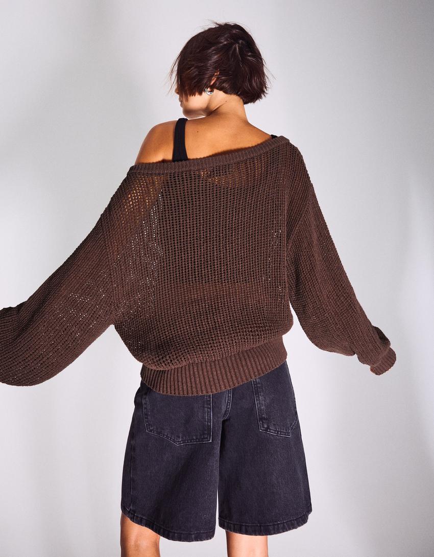 Rustic openwork sweater-Brown