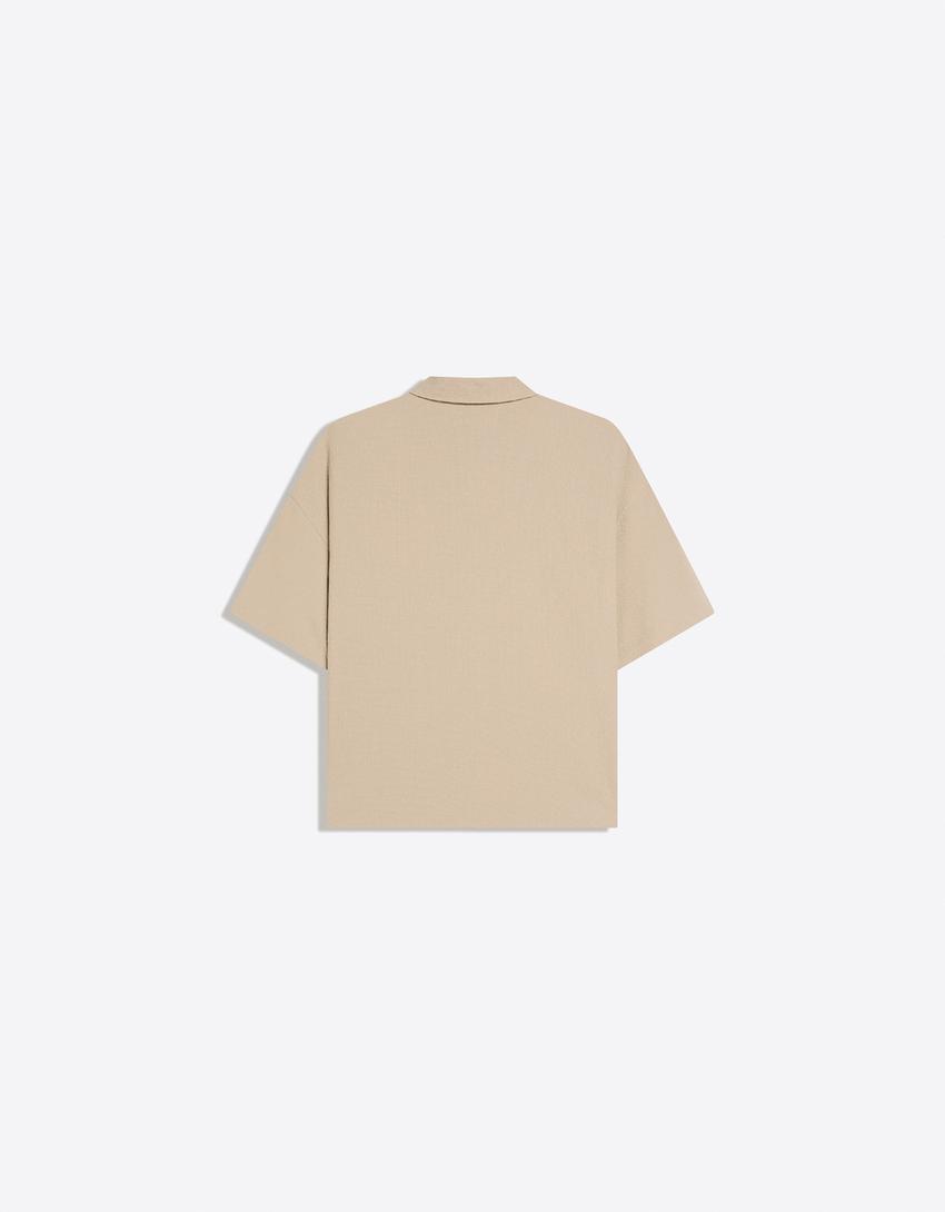 Pleated boxy fit short sleeve shirt-Sand