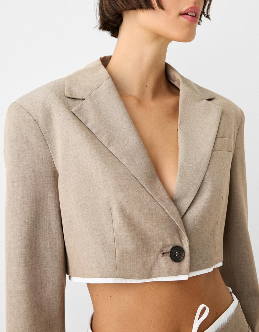 Blazer cropped détail popeline-Taupe-2